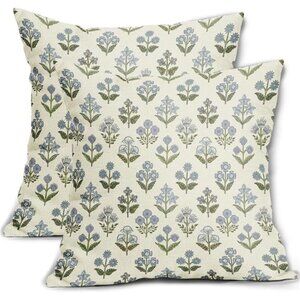 Blue Green Block Print Pillow Covers 18x18 Inch Set of 2, Vintage Floral Spring